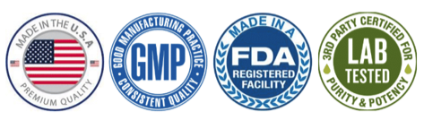 FDA-registered and GMP-compliant facility badges