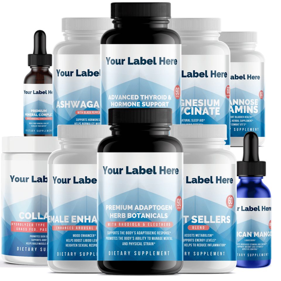Ten-product Your-Label-Here hormonal balance bundle — white-label supplements including thyroid and hormone support, ashwagandha, and magnesium glycinate