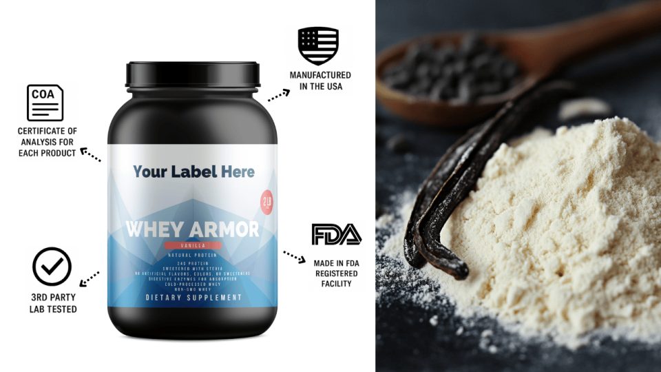 Whey Armor protein bottle with trust callouts: Certificate of Analysis, Made in USA, FDA-registered facility, and third-party lab testing