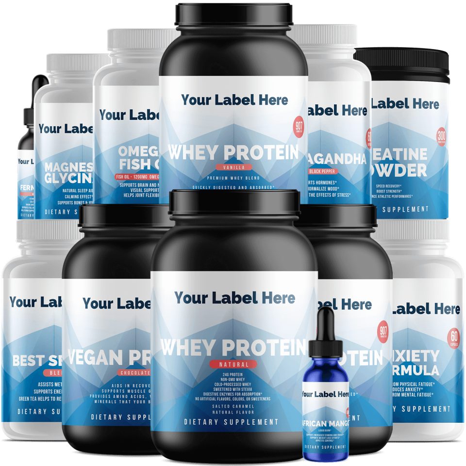 Eleven white-label supplement products — whey protein, vegan protein, creatine and more — rendered with Your-Label-Here branding, ready for your brand